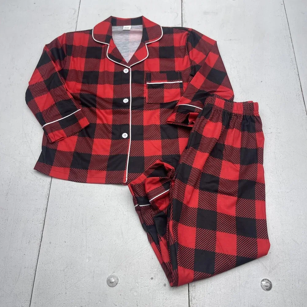 Buffalo Plaid Pajama Set Kids 4-5Y Red Jersey Button Front 2 Piece Sleepwear